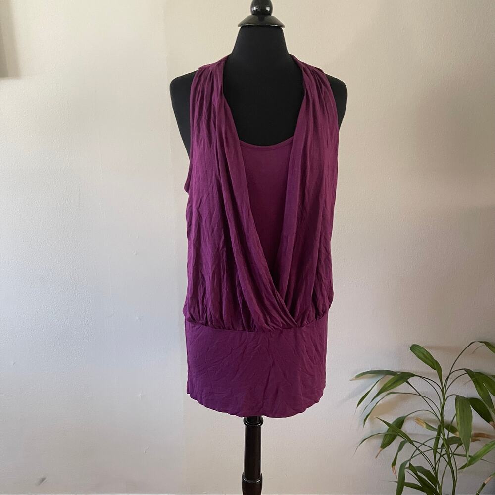 NWT HM Drape Front Layered Tank Top Purple Cowl Neck Ruched Hip Tunic Women L